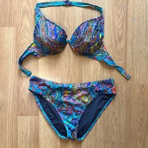 Victoria Secret Paisley Push Up Bikini Set Blue Pink Multi Underwire Halter L/G